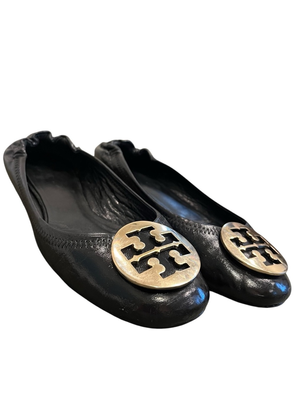 Tory Burch Black Leather Logo Medallion Ballet Flats